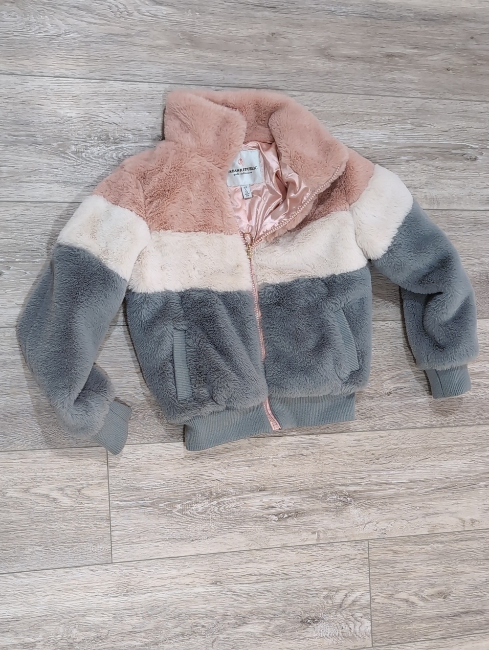 Urban Republic Pink, Cream & Gray Faux Fur Colorblock Puffer Jacket